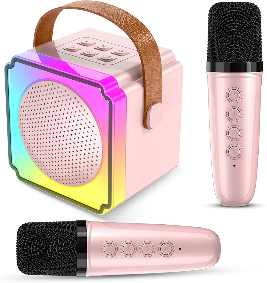 Mini Karaoke Machine for Kids,Bluetooth Light Up Speaker with 2 Portable Microphones Wireless,Kids Karaoke Machine Toys Gifts for kids 3-12 Home Party Gifts (Pink 2 Mics)