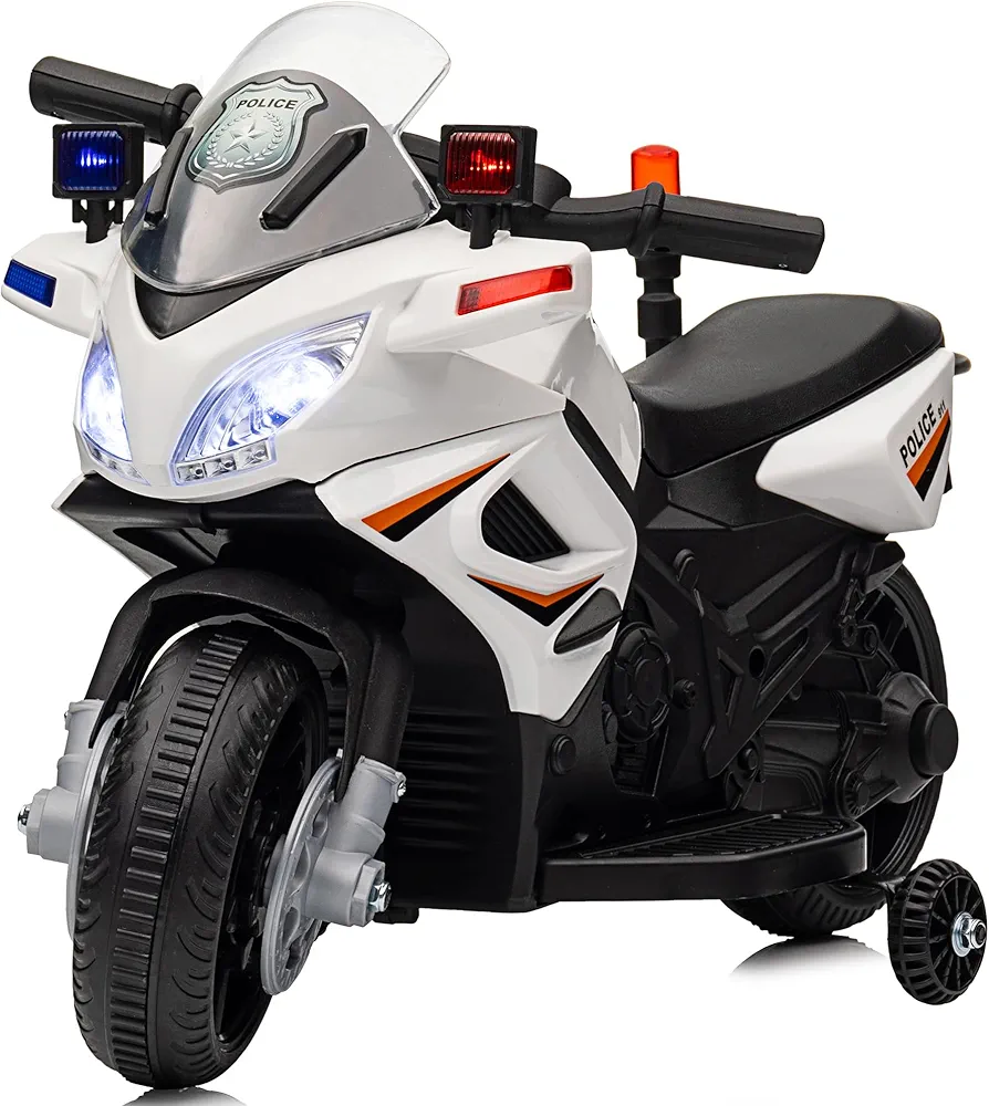 6V Police Electric Kids Motorcycle, Ride on Toy Car for Toddler 1-3 Boys&Girls with Training Wheels, Music - White