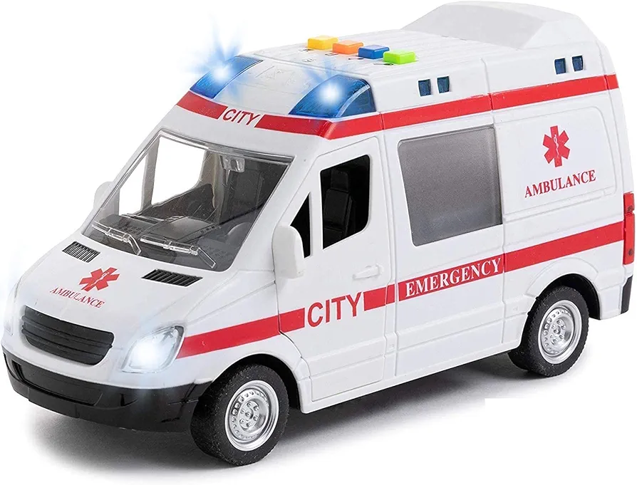 Toy To Enjoy Ambulance Toy Car with Light & Siren Sound Effects - Friction Powered Wheels & LED Lights - Heavy Duty Plastic Rescue Vehicle Toy for Kids & Children