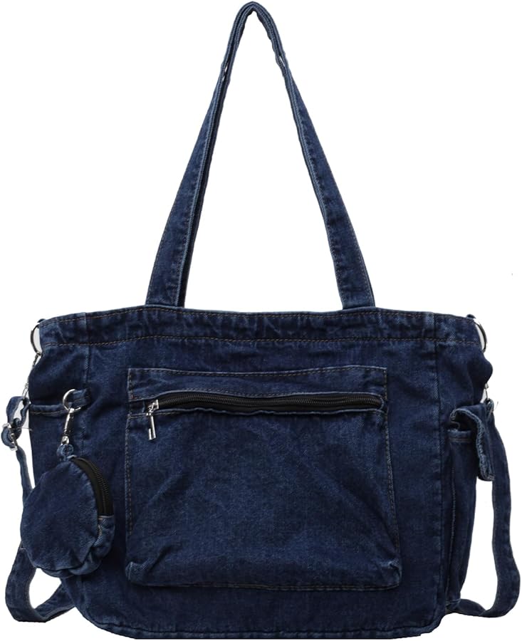 Denim Tote Bag, Large Capacity Jean Purses for Women Denim Crossbody Handbags with Small Purse