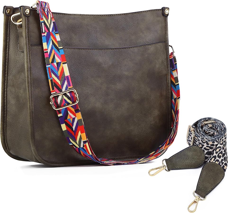 Women Shoulder Crossbody Bag, Vegan Leather Designer Hobo Handbags Purse with 2 Guitar Straps Bucket Satchel Tote Bag