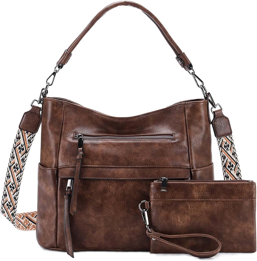 VASCHY Hobo Bag for Women, Medium Vegan Leather Shoulder Purse Handbag Wallet Set Tote Bag with Crossbody Guitar Strap
