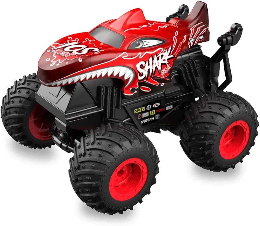 1:20 RC Car for Kids, 2.4GHz Remotes, Red Shark Monster Truck Toys, All Terrain Stunt Remote Control Car with Music, Light, 2 Rechargeable Batteries, Gifts Presents for Boys/Girls Ages 3+