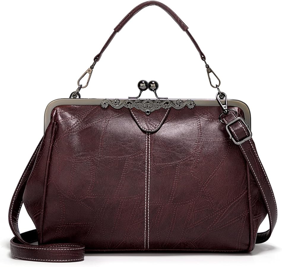 Women Kiss Lock Vintage Handbags for Women Oil Leather Evening Clutch Satchel Purse Tote