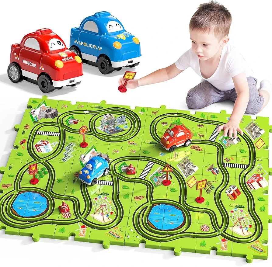 TEMI 48 PCS New Plastic Puzzles, car Tracks playset for Kids Ages 3-5 with 3 Cute Vehicle, Toddler Puzzle Track Play Set Gift, Thinking Educational Toys, Toys for 4 5 6 Year Old Boys Girls