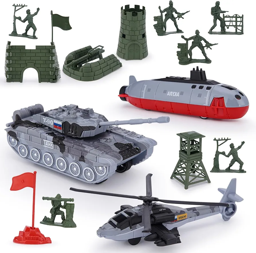Army Toys 18 PCS Submarine Toy, Military Tank Toy Helicopter Aircraft Playset, Pull Back Army Men Action Figures Soldiers Toys Vehicles Car for Boys Girls Kids Age 3-12 Birthdays Gift