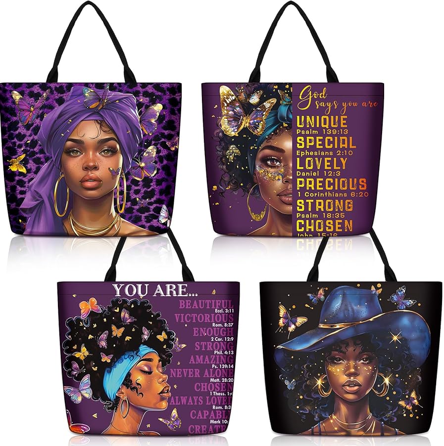 Silkfly 4 Pack African American Tote Bags for Women Large Shoulder Bag Black Girl Satchel Handbags Work Travel Beach