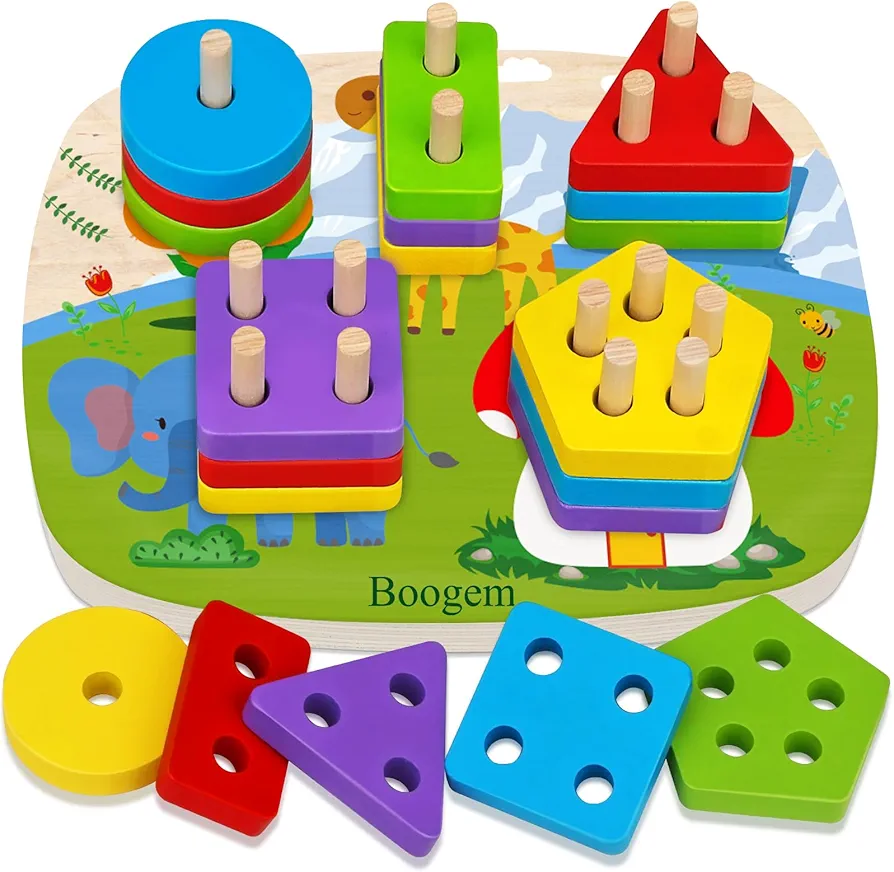 Montessori Toys for 1 Year Old: Wooden Sorting Stacking Blocks for Baby Boys Girls - Sensory Toys for Toddlers 1-3 Early Educational Shape Sorter Learning Color Toys Gifts for Ages 1 2 3 Kids