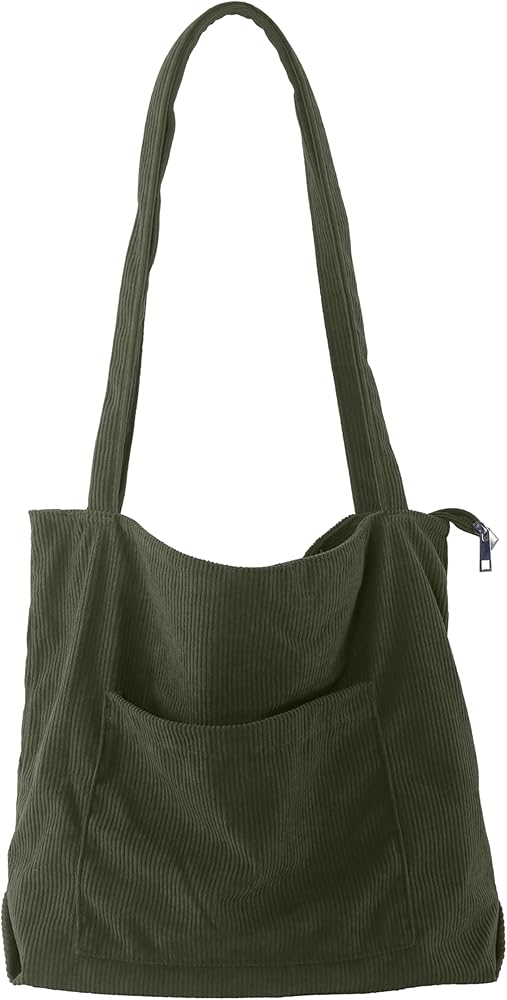 ALUWU Corduroy Tote Bag for Women with Front Pocket and Zipper