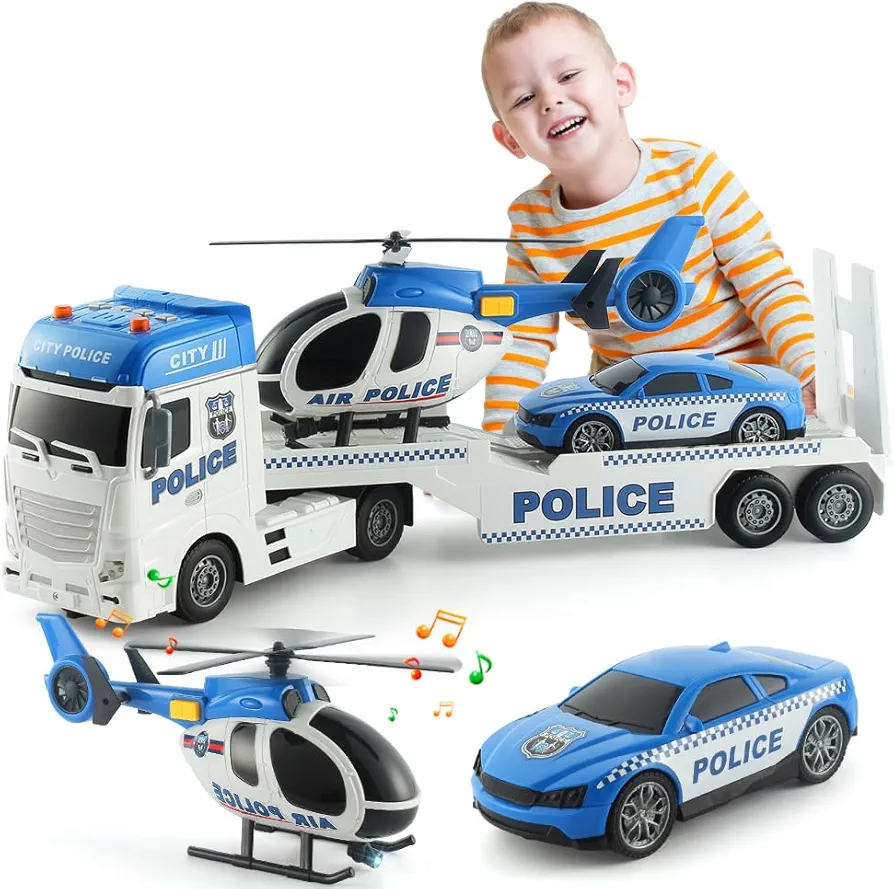 25" Police Toys Vehicle Truck Push & Go Rescue Playset 3 in 1 includes Mini Police Car and Helicopter Toy in Semi Carrier Truck Gift for Toddlers Boys Age 3+(Police Trailer)