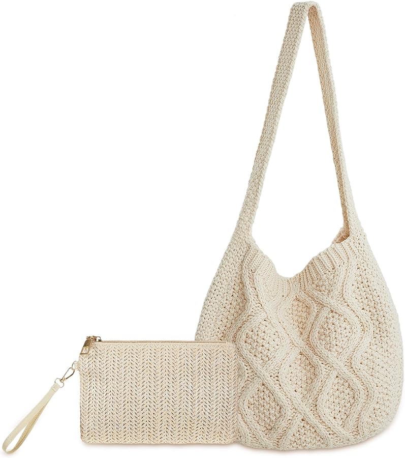 Crochet Bag for Women Crochet Tote Bag with Wristlet Wallet Bohemian Aesthetic Shoulder Handbag for Women Summer Beach