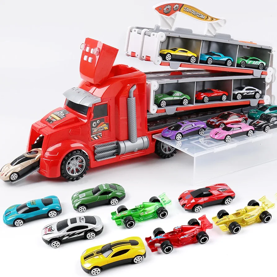 Dwi Dowellin Carrier Truck Toys for Kids,5-FT Hauler Truck with Ejection Race Track and 16 Die-Cast Metal Toy Cars,Car Toy Gift for 2 3 4 5 Years Old Boys and Girls(Red)