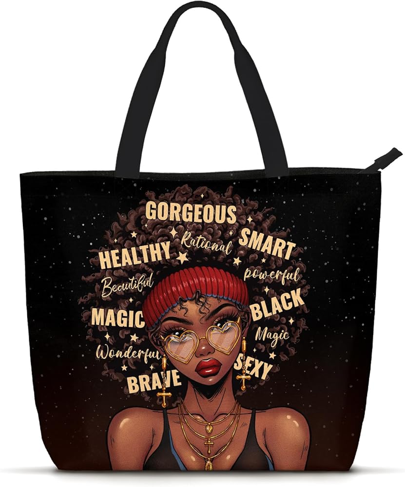 African American Women Tote Bag Black Shoulder Handbag For Women Fit Work Beach Labtops With Zip