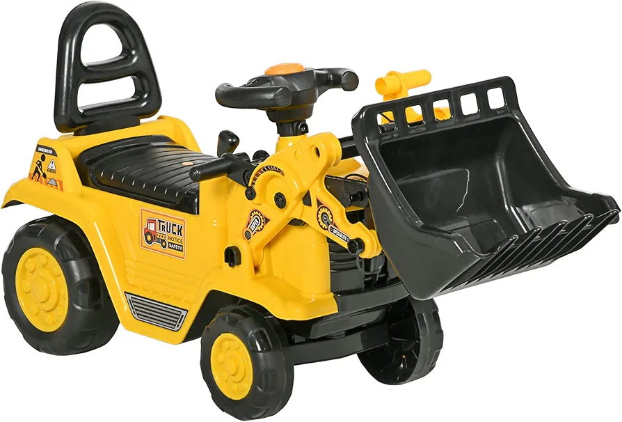 HOMCOM Ride On Excavator with Under Seat Storage, Pull Cart Kids Bulldozer for Boys & Girls, Sit and Scoot Construction Toy with Horn, Front Loader Shovel, for Sand and Snow, Ages 3 Years Old