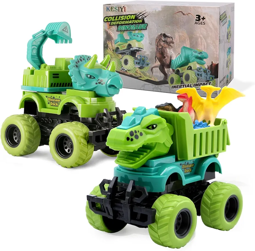 Monster Truck Toys for 2 3 4 5 Year Old Boys Gifts,2 Pack-Dinosaur Toys for Kids 3-5 with 6 Small Dinosaur Toys,Monster Trucks for Toddlers 2-4 Years Make Great Gifts for Kids!