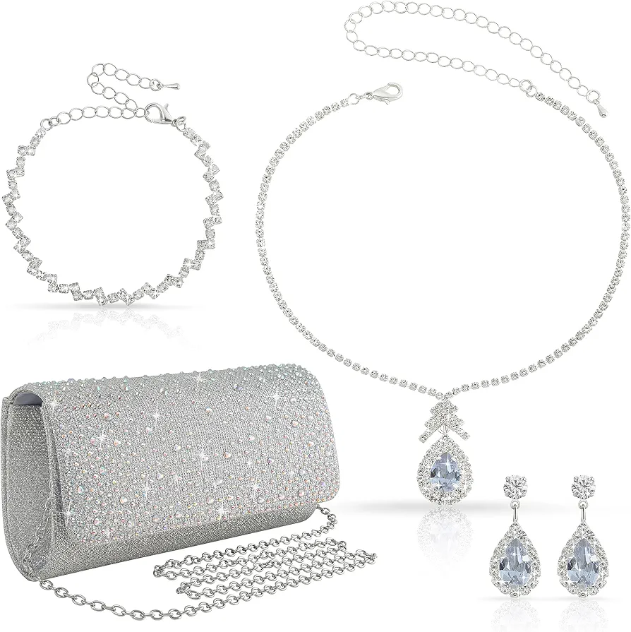 4Pcs Silver Clutch Formal Purse Bag Jewelry Set for Women Evening Handbags Bling Rhinestone Necklace Earrings Bracelet Clutches Set for Women(Bling Style)