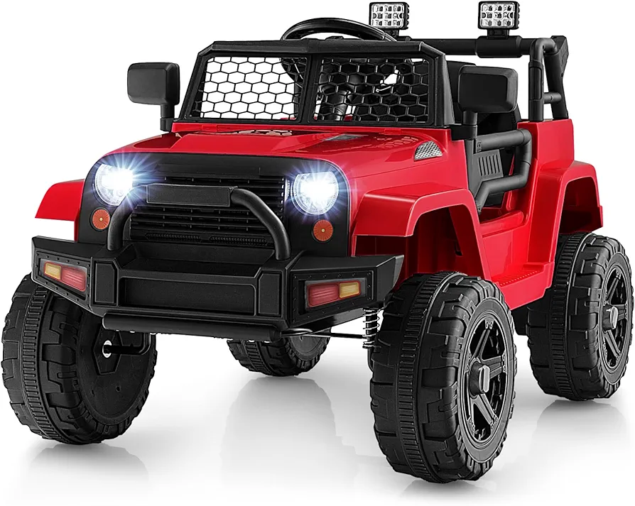 HONEY JOY Ride On Truck, 12V Battery Powered Vehicle Ride On Car with Remote Control, Spring Suspension, Headlights, Music, Mesh Windshield, Electric Cars for Kids, Gift for Boys Girls 3+(Red)
