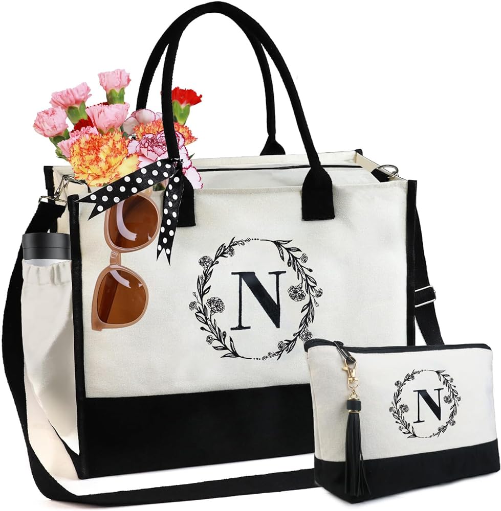 BeeGreen Personalized Tote Bags for Women Initial Monogrammed Carnation Embroidered Canvas Jute Birthday Gift Bags