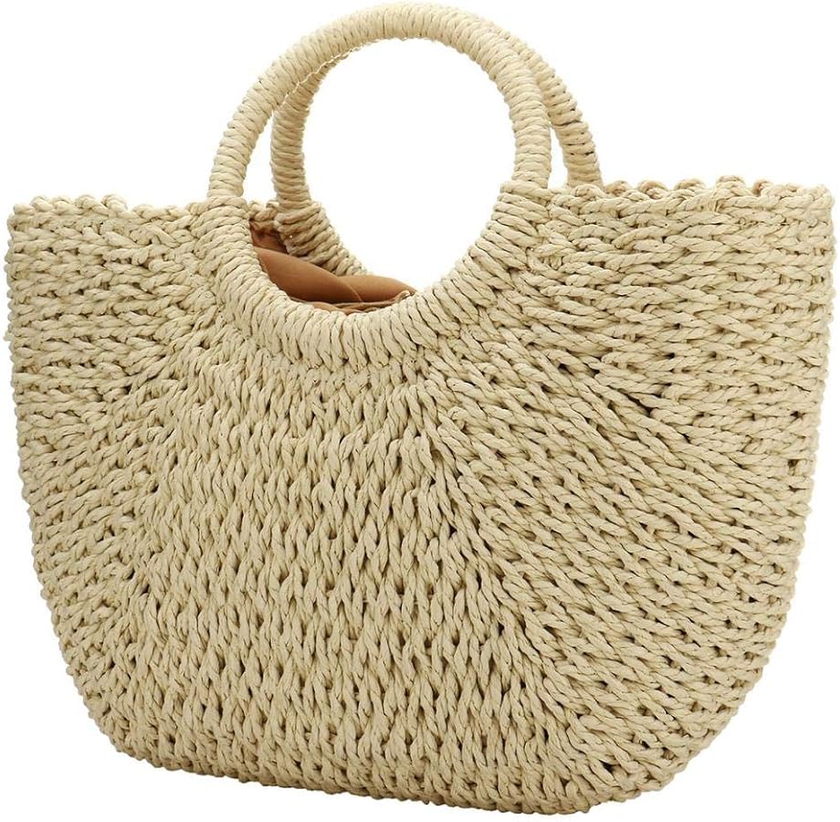 Women Summer Beach Bag, Straw Handbag Top Handle Big Capacity Travel Tote Purse Hand Woven Straw Large Hobo Bag