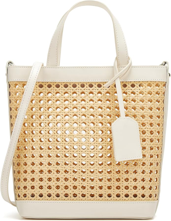 Rattan Tote Bag for Women Straw Beach Bag Crossbody Purse PU Leather Summer Shoulder Bag Cute Boho Purses Tote Handbag