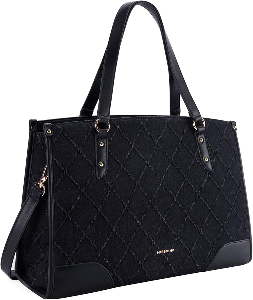 Missnine Tote Bag for Women Denim Teacher Bag Casual Work Bags 15.6 inch Shoulder Bag for Office Business