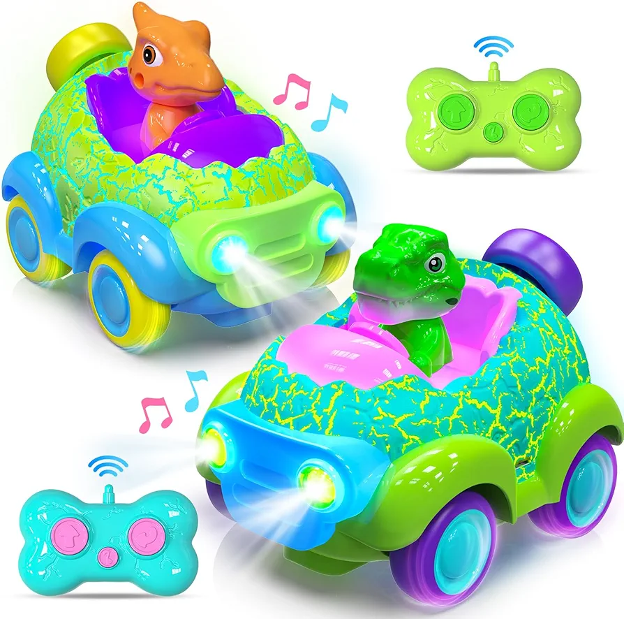 beefunni Toddler Remote Control Car, 2 Pack Dinosaur RC Cars for Toddler Toys 2-3, Car Toys for 2 3 4 5 Year Old Boys and Girls Birthday Gift, LED Lights & Music