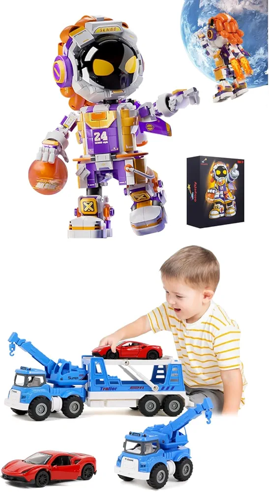 Basketball Player Building Blocks with Lights, Space Astronaut Toy Building Sets for Adults Building Toys STEM Toys Gifts Alloy Tow Truck Toys for Ages 2-4 with Metal Car, Construction Toys