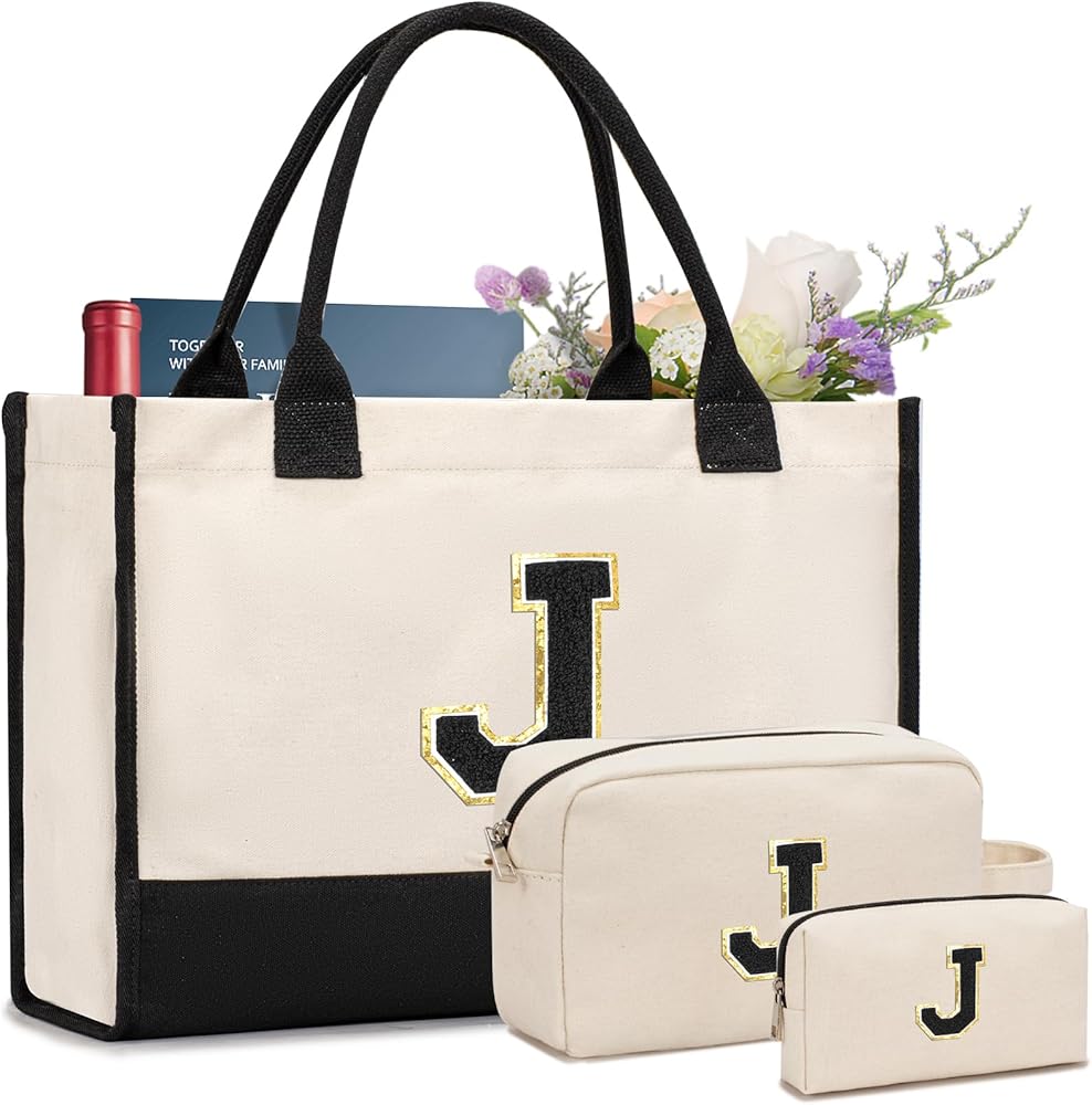 Initial Canvas Tote Bag Birthday Gifts For Women Monogram Personalized Gifts For Women Mom Teachers Bridesmaids