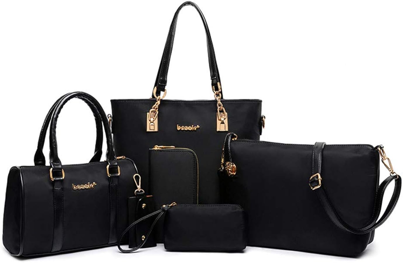 Nylon 6 PCS Women Shoulder Bag Top-Handle Handbag Tote Purse Wallet Key Case Set