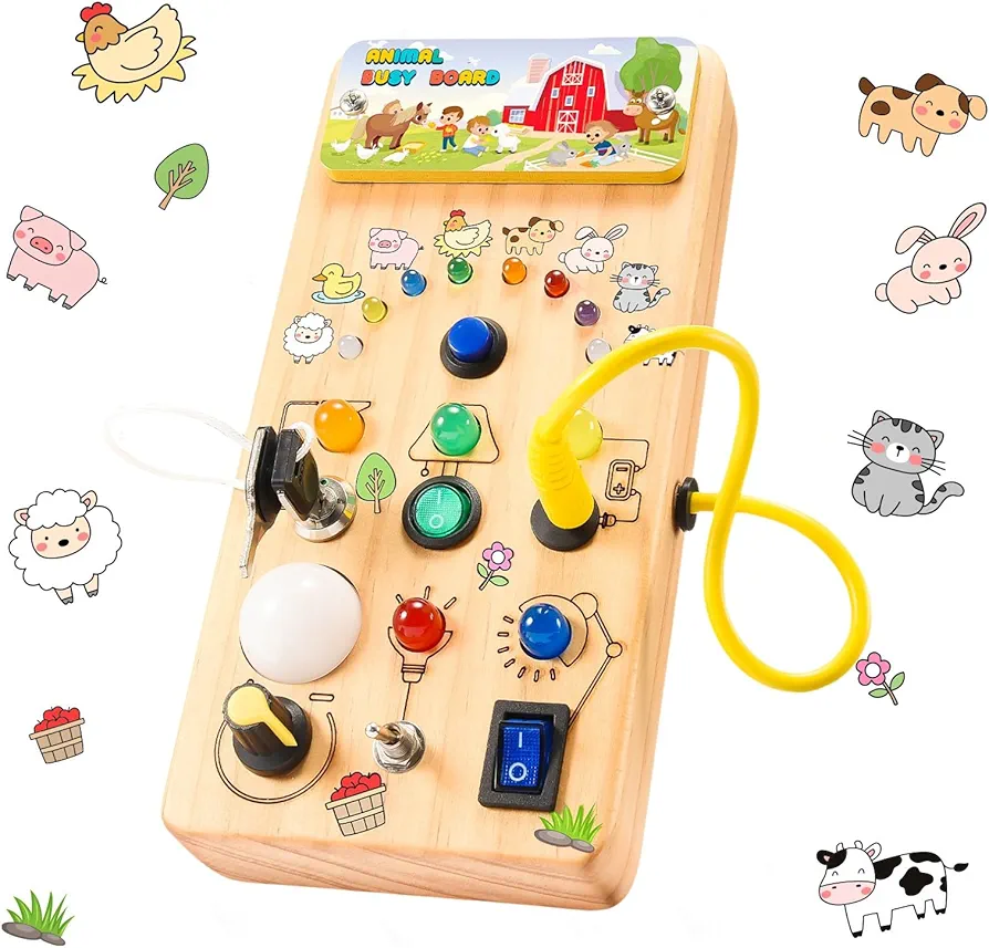 Toddler Busy Board Montessori Toys for 1 2 3+ Year Old,Wooden Sensory Board Light Switch Toys,Great Fidget Toy Airplane Travel Toys for Baby Toddlers Age 1-3 Boys Girls Birthday Ideas