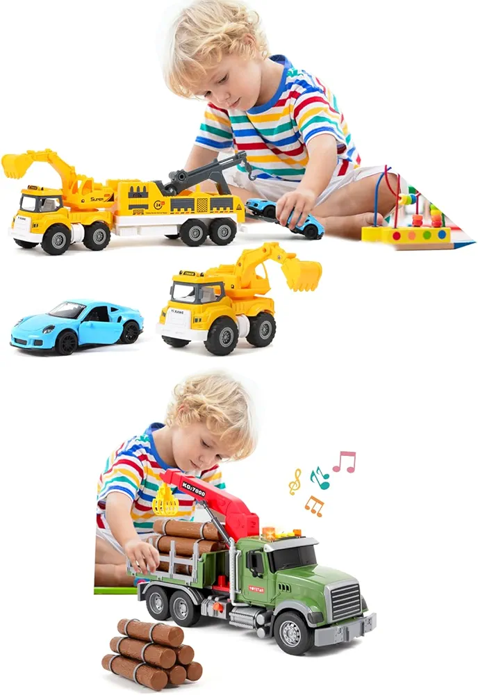Alloy Tow Truck Toys for Ages 2-4 with Metal Car, Construction Toys Excavator Toy Trucks for Toddlers 2-4 15" Large Timber Truck with Loading Crane and 6 Trunks