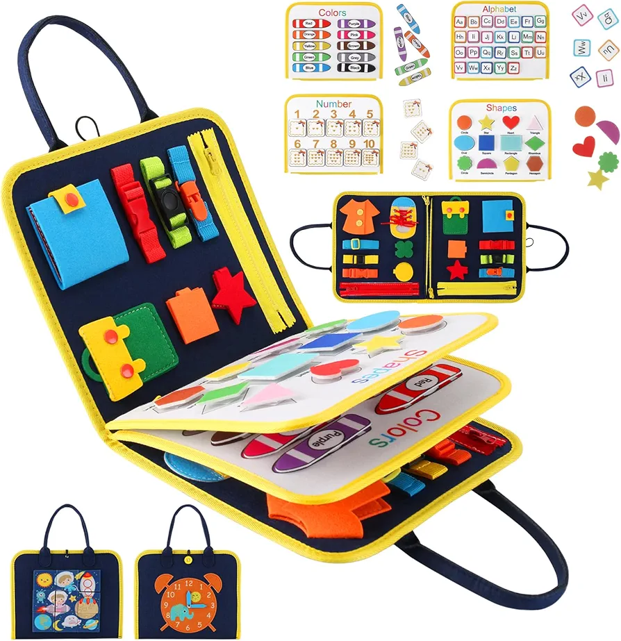 Toddler Busy Board Montessori Toys for 1 2 3 4 Year Old Girls Boy Gifts, Preschool Educational Activities Busy Book for Learning Fine Motor Skills, Travel Toys for Toddlers Airplane Car