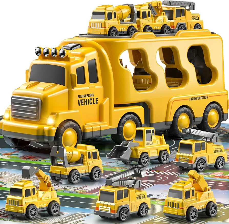 TEMI Construction Truck Toys Car for 3 4 5 6 Year Old Toddlers Boys, 7-in-1 Carrier Construction Vehicles Toys w/Play Mat, Car Toys Set for Kids Girls Christmas Birthday Gifts