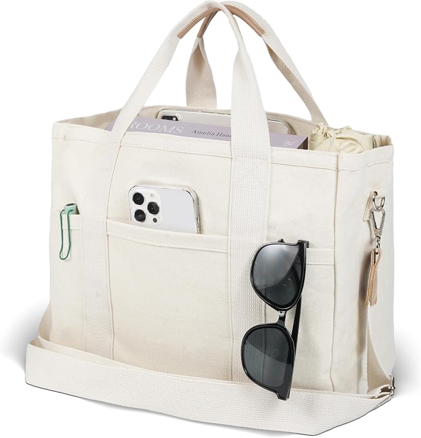 Fibrdoo Canvas Tote Bag for Women, Everything Tote Bag with Zipper Tote Bag Handbag Crossbody Bag with Compartments for Work