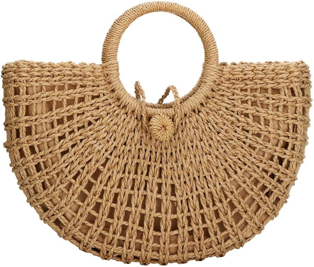 YYW Straw Bags for Women,Hand-woven Straw Top-handle Bag with Round Ring Handle Summer Beach Rattan Tote Handbag