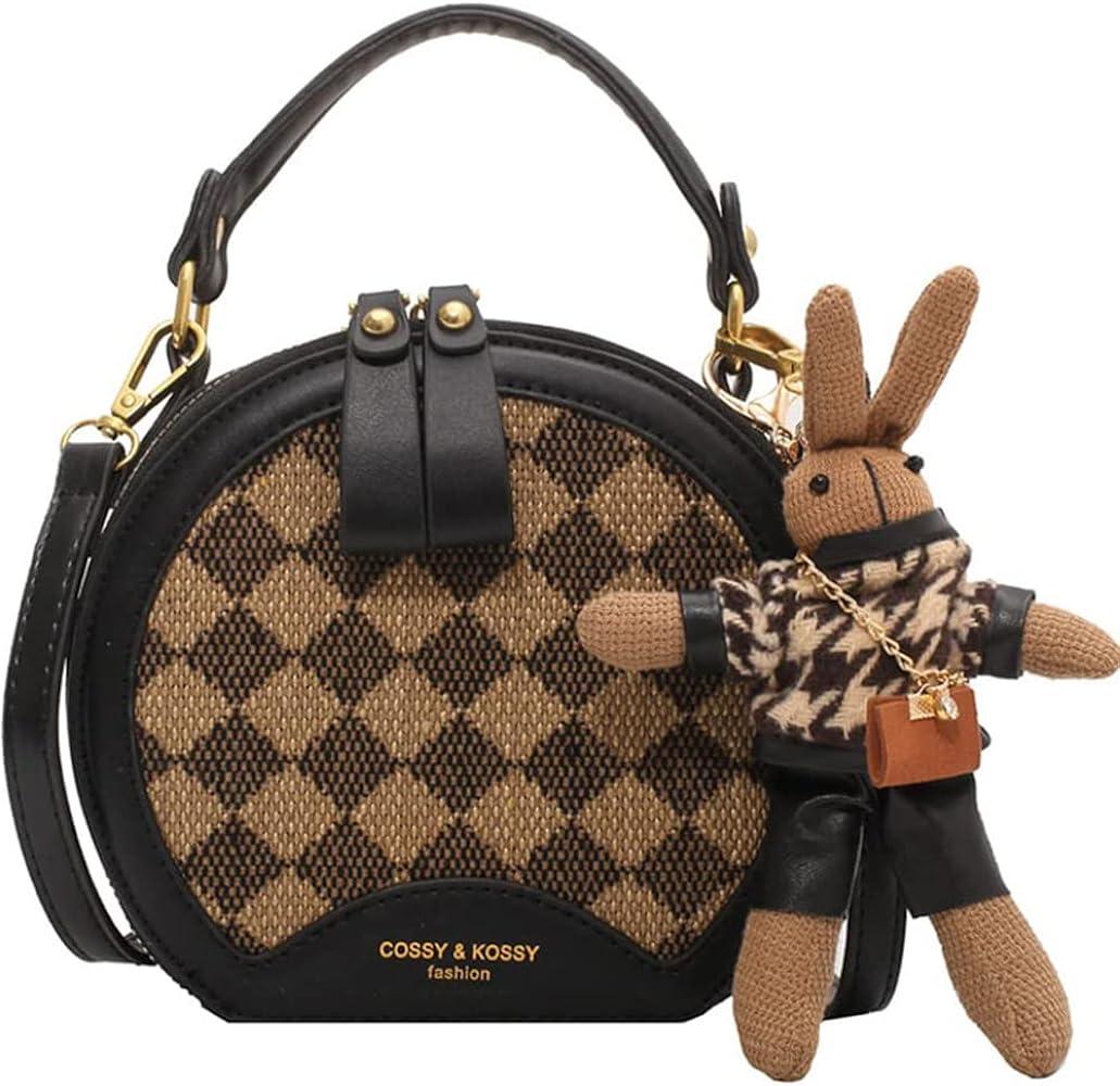 RTGGSEL Quilted Lattice Crossbody Shoulder Bags for Women Small Tote Square Satchel Handbags Purse with Bunny Doll Pendant