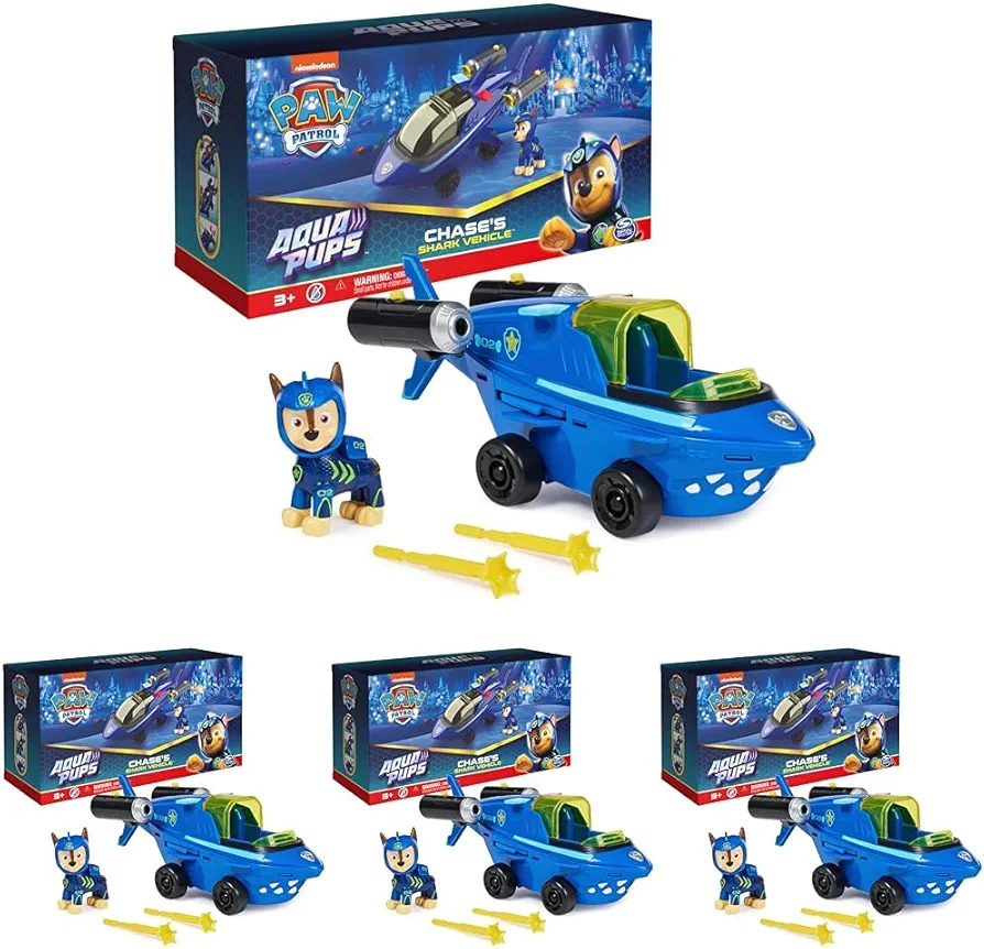 Paw Patrol Aqua Pups, Chase Transforming Shark Vehicle with Collectible Action Figure, Kids Toys for Ages 3 and up (Pack of 4)