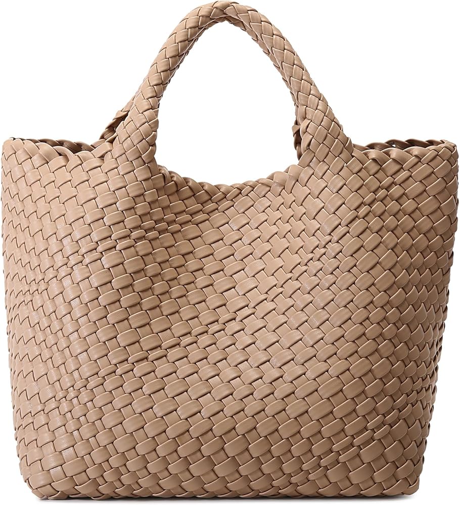Queenoris Woven Bag for Women, Vegan Leather Tote Bag Large Summer Beach Travel Handbag and Purse Retro Handmade Shoulder Bag