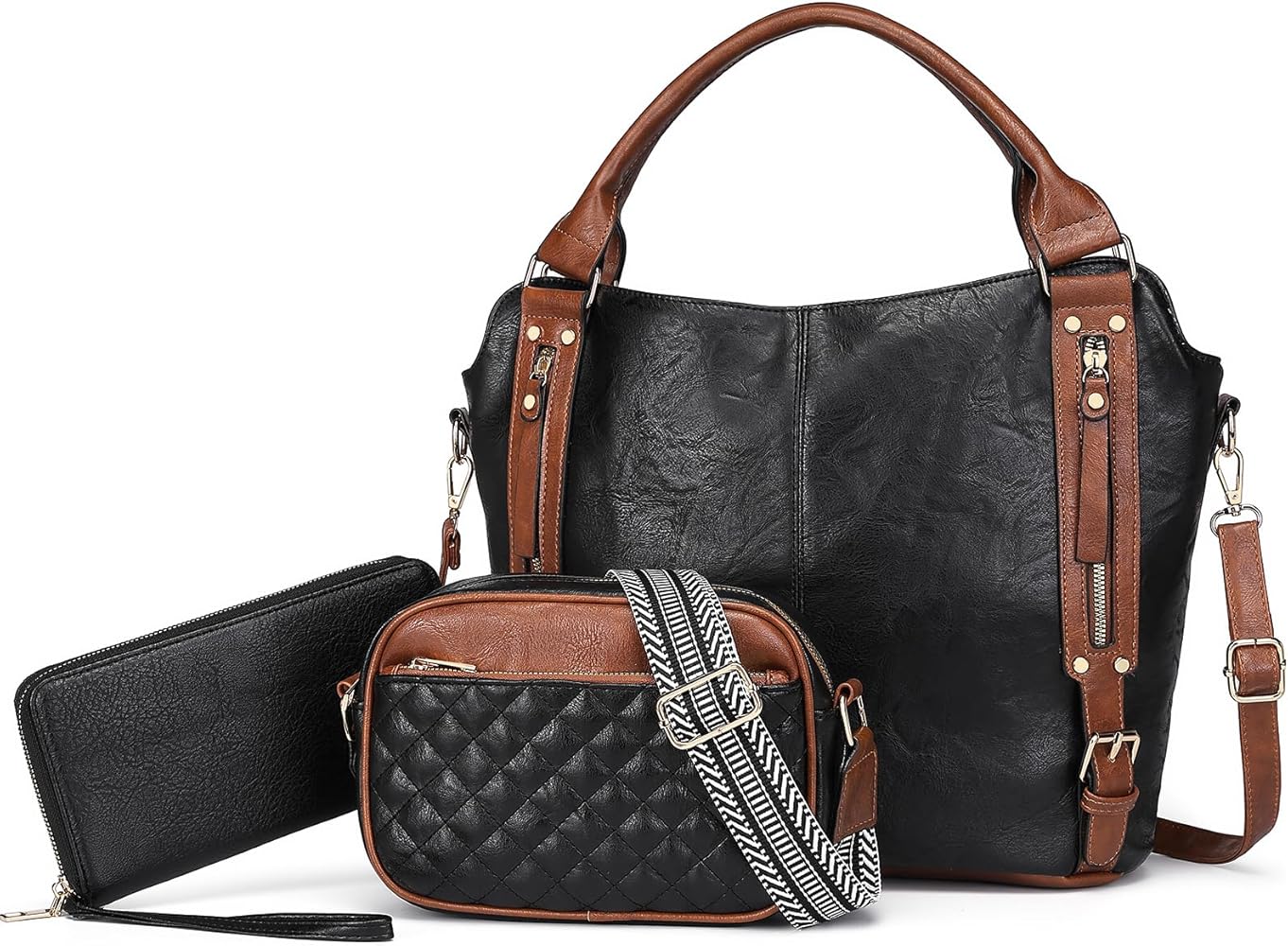 Purses for Women 3PCS,Large Leather Crossbody Shoulder Hobo Tote Bag Set with Ladies Wallet Handbags Guitar Strap