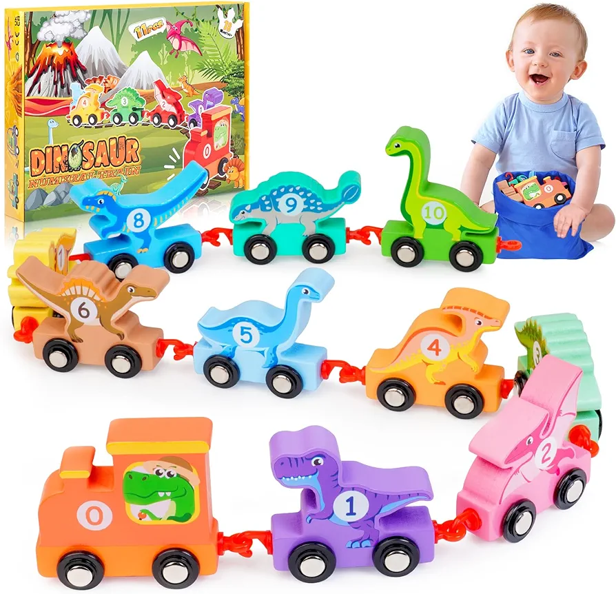 Toddler Dinosaur Toys Age 2-4 Wooden Dinosaurs Train Set Montessori Educational Toy for 1 2 3 4 5 6 Year Old Boys Girls Kids Birthday Gifts 11 PCS Trains Car with Numbers Toddlers Toy