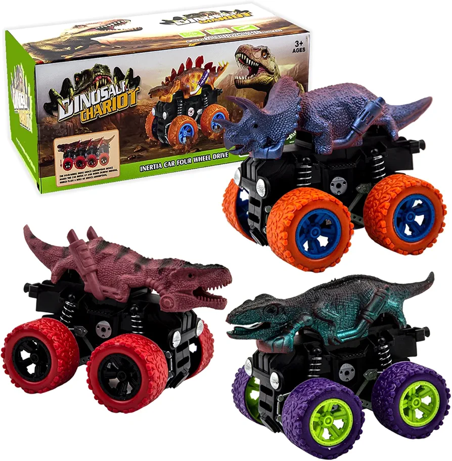 Monster Trucks for Kids Ages 3 and Up, 4-Wheel Drive Friction Powered 3-Pack Push and Go Toy Monster Jam Cars, Dinosaur Truck Toy Birthday Gifts for Boys Girls (Colored Dinosaur 2)