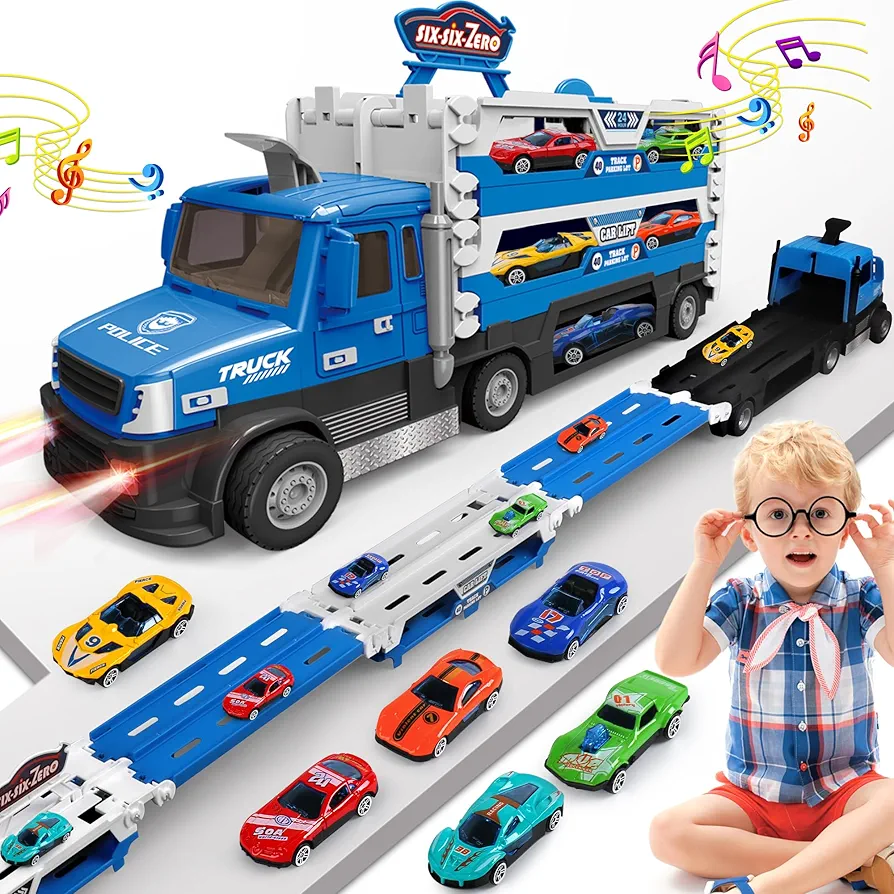 DWI Dowellin Carrier Truck Toys for Kids, 4.6-FT Foldable Hauler Track Ejection Car and 6 Metal Race Car with Light&Sounds, Truck Toy Toddlers Toys Gifts for 2 3 4 5+ Year Old Boys Girls-Blue