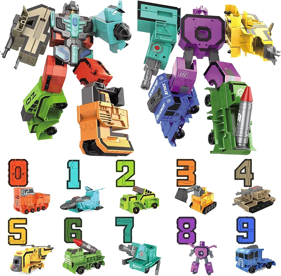 Number Robot Toys - Large Number Learning Toys for Kids - Transform Robot Toys for Kids - 10Pcs DIY Toy Cars for Boys Girls - Number Educational Toys for Preschool Learning Activities