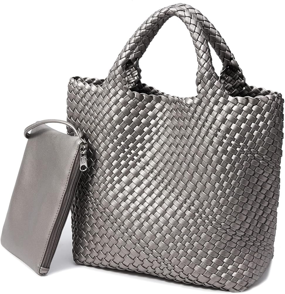 KALIDI Straw Tote Beach Bag Striped Shoulder Handbag Stitch Woven PU Leather Handle Zippe Travel Shopping Picnic