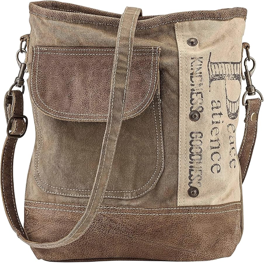 Upcycled Canvas Shoulder Bag, Earth Friendly Tote, Inspirational Words, No Two Alike, Adjustable Strap, Fully Lined, Zip Closure,12” x 12 ¾”