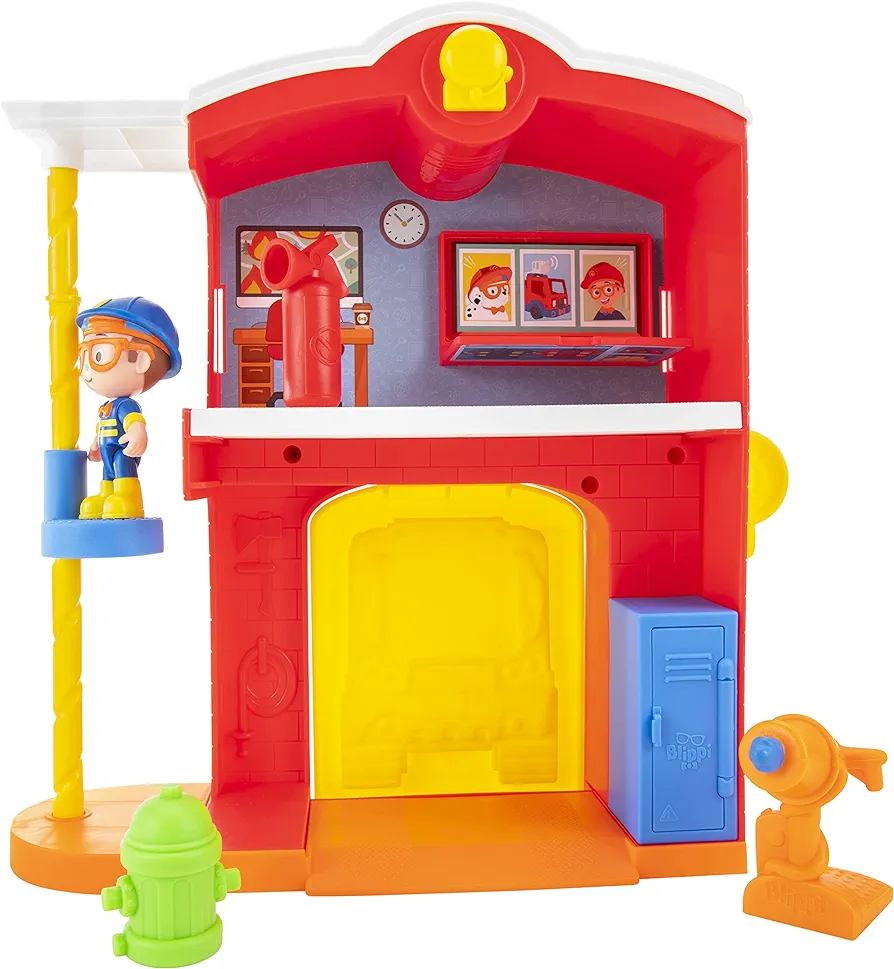 Blippi Firehouse Playset, Includes 3-Inch Firefighter Figure, Two Floor Firehouse with Pole, Hydrant, Extinguisher, Pretend Hose