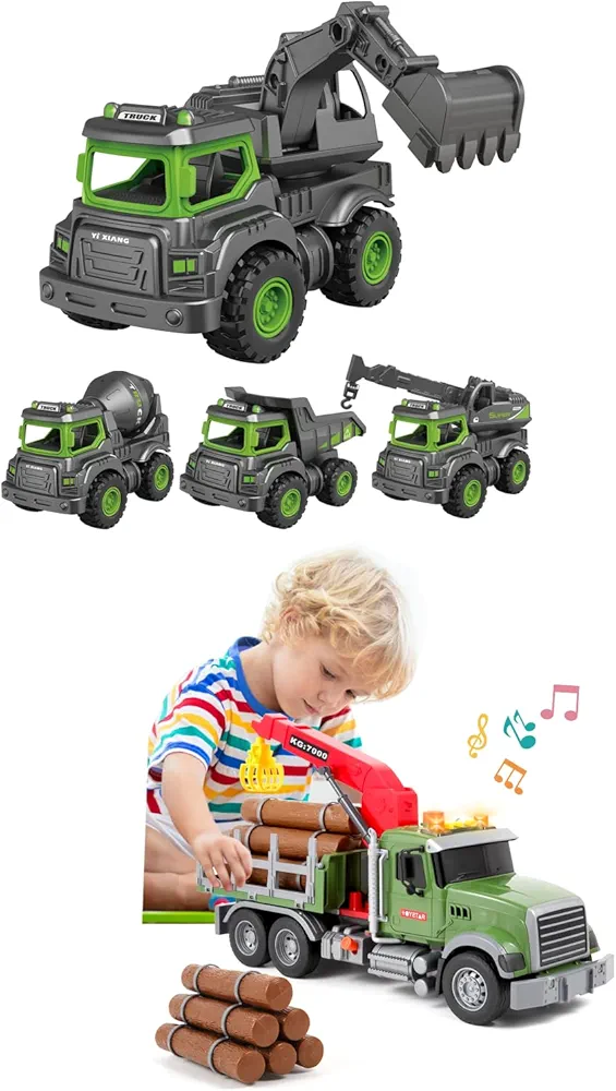Heavy Duty Construction Toys for Ages 2-4 Boys Toddler Trucks Boy Toys for Kids 3-5 Years, 15" Large Timber Truck with Loading Crane and 6 Trunks, Kids Truck Toys