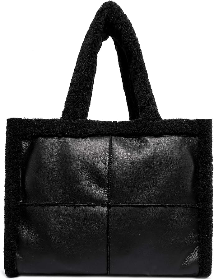 Like Dreams Large Sherpa Tote Bag, Inner Pocket Vegan Leather, Large Tote Hand bags for Women, Fashion Winter Purse