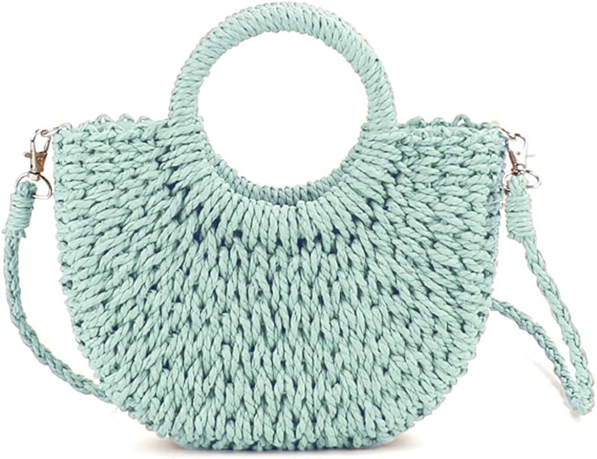 Mini Semi-circle Rattan Straw Bag, Hand-woven Women Summer Retro Beach Tote Shoulder Bag Crossbody Travel Beach Bag