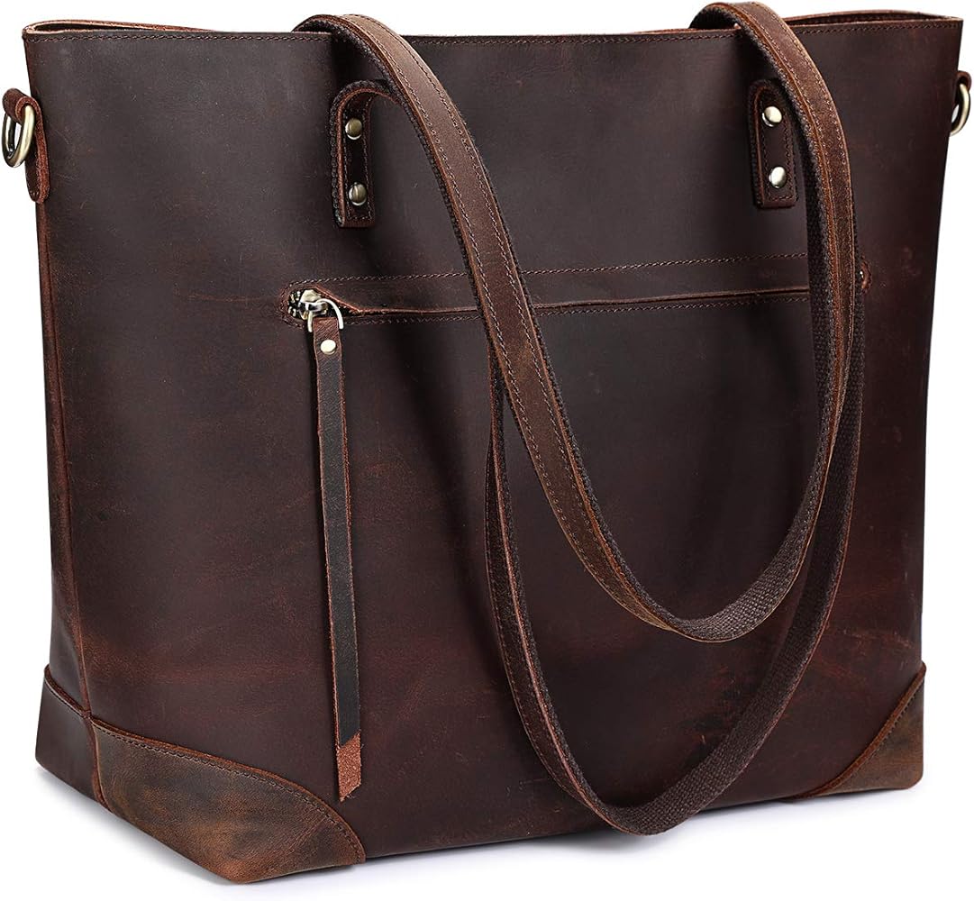 S-ZONE Vintage Genuine Leather Shoulder Bag Work Totes for Women Purse Handbag with Back Zipper Pocket Large